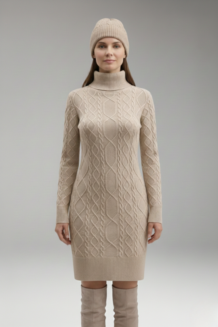Women's Dress with Turtleneck and Cable Pattern