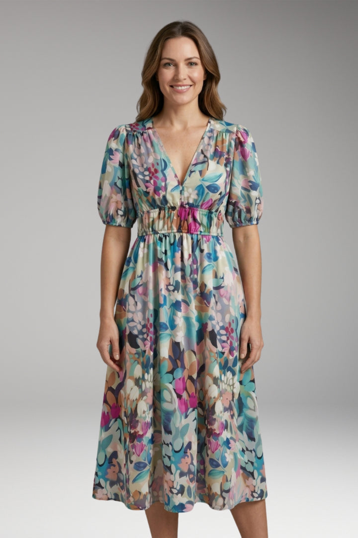 Women's Dress with V-Neck and Elastic Waist