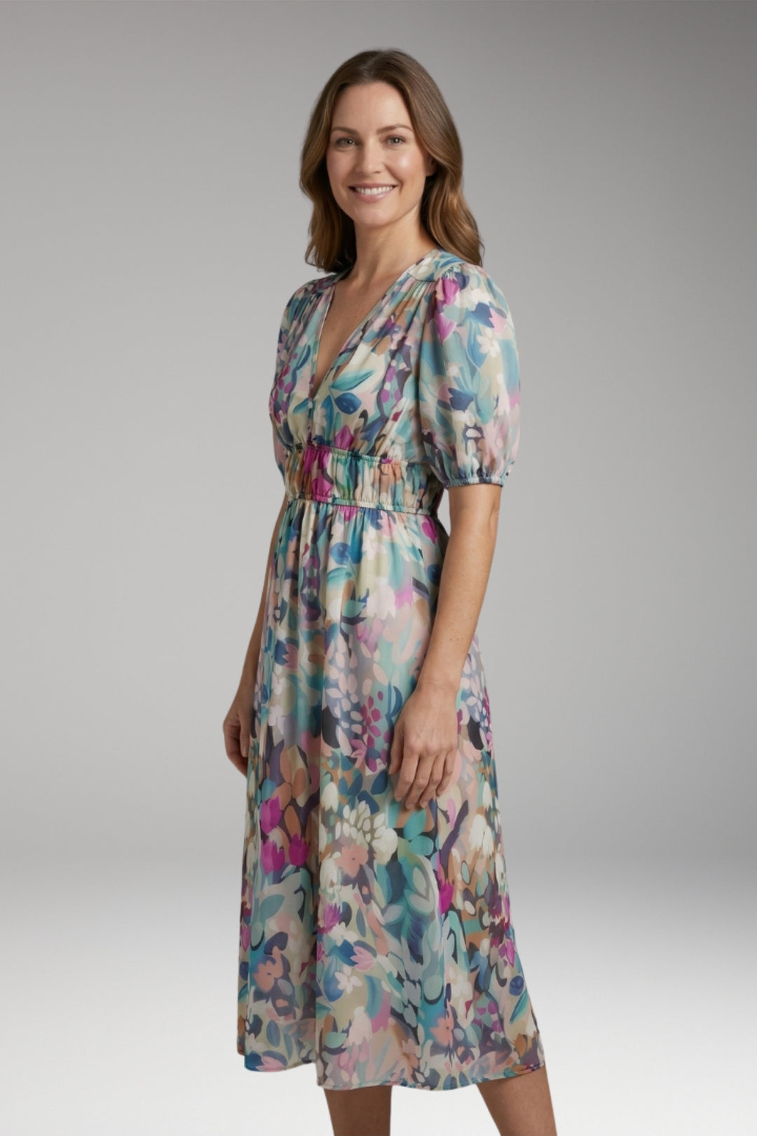 Women's Dress with V-Neck and Elastic Waist