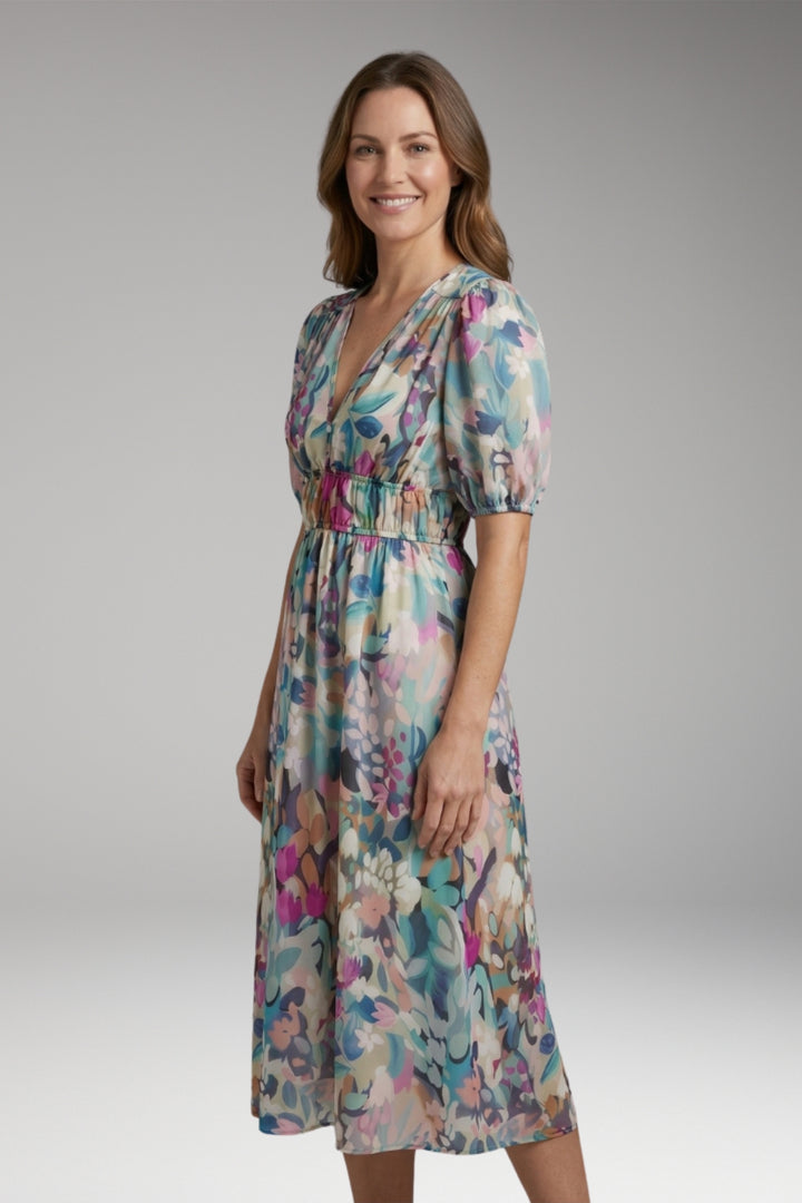Women's Dress with V-Neck and Elastic Waist