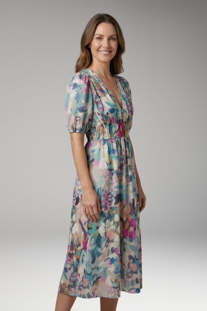 Women's Dress with V-Neck and Elastic Waist