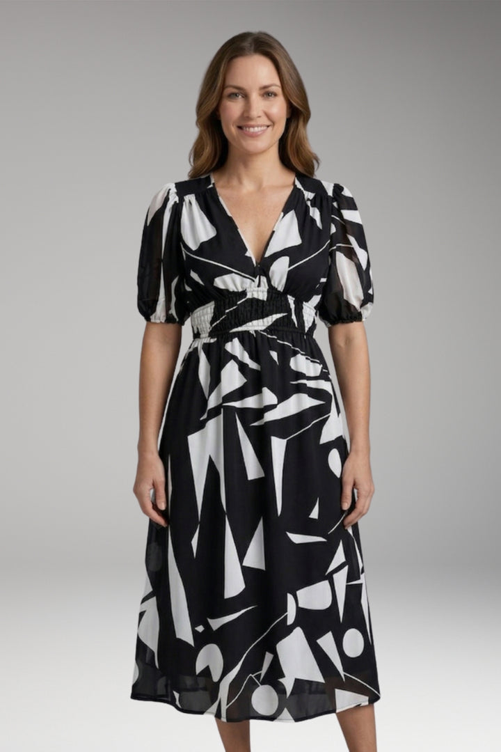 Women's Dress with V-Neck and Elastic Waist
