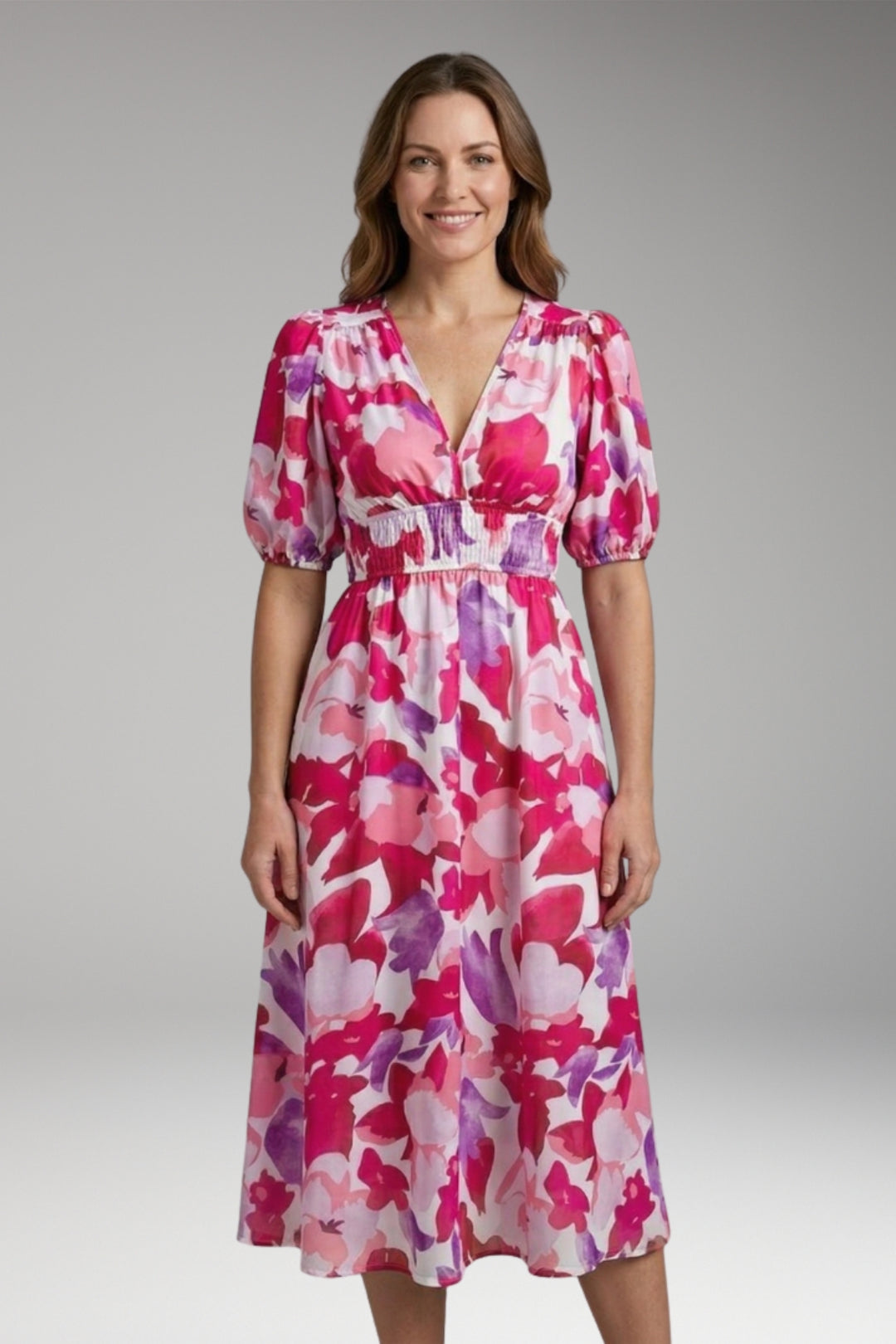 Women's Dress with V-Neck and Elastic Waist