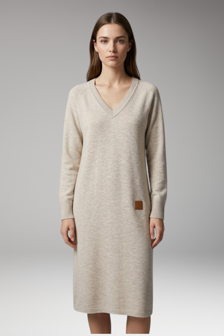 Women's Dress with V-Neck and Ribbed Cuffs