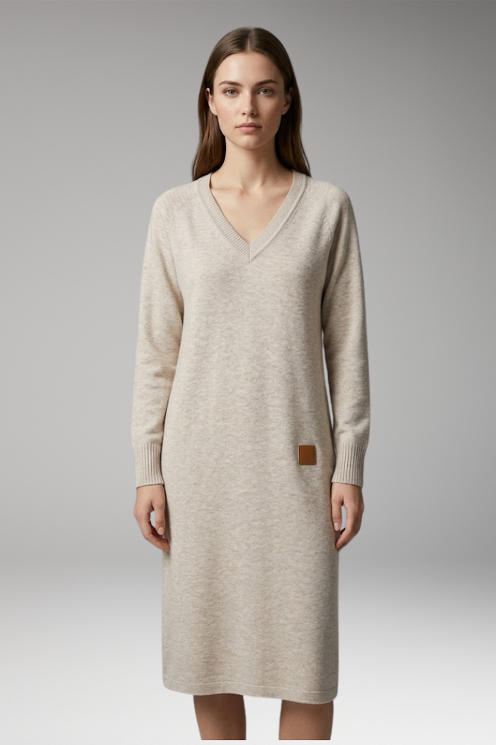Women's Dress with V-Neck and Ribbed Cuffs