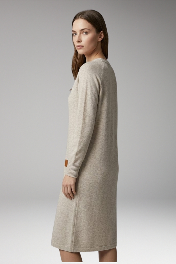 Women's Dress with V-Neck and Ribbed Cuffs