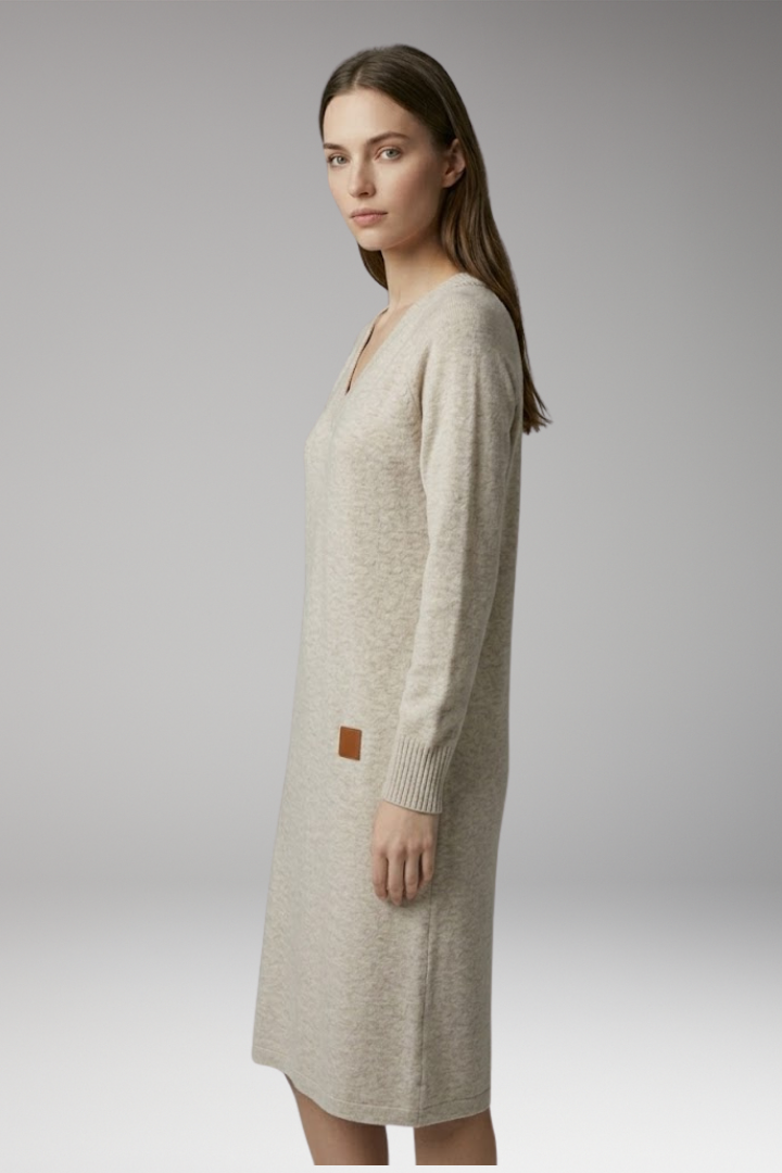 Women's Dress with V-Neck and Ribbed Cuffs
