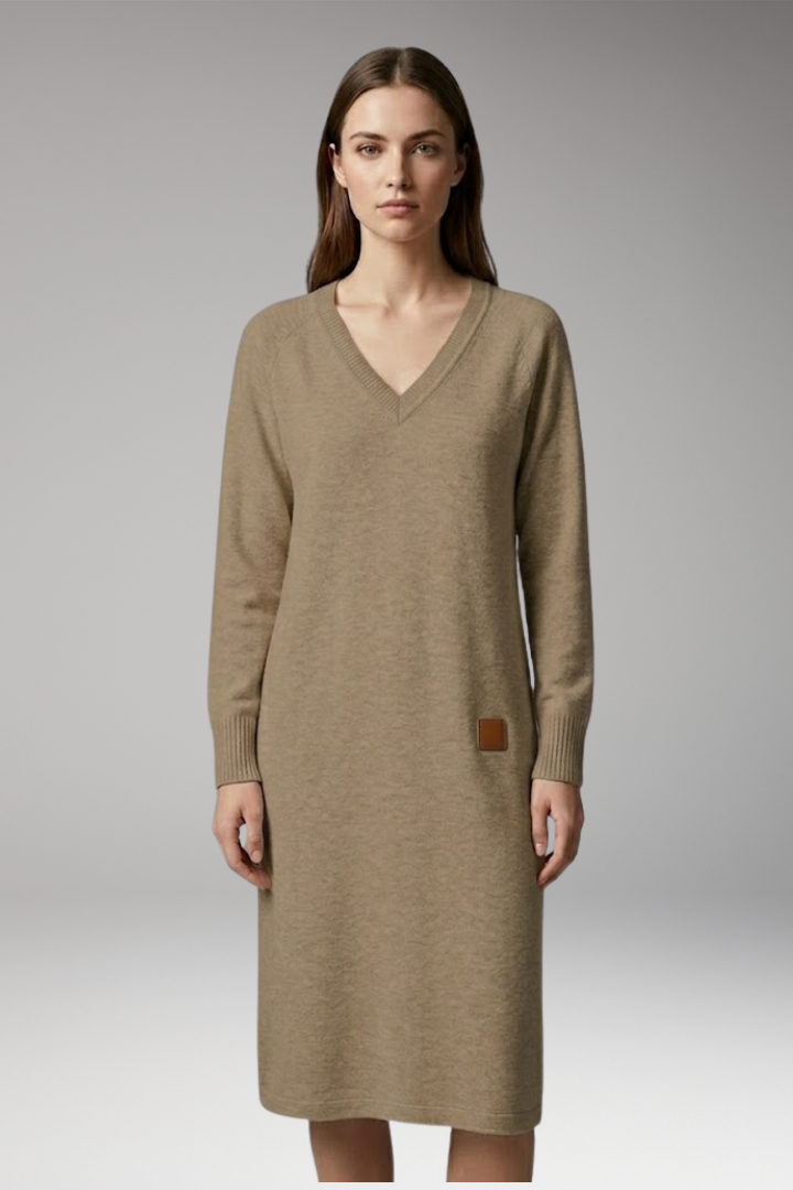 Women's Dress with V-Neck and Ribbed Cuffs