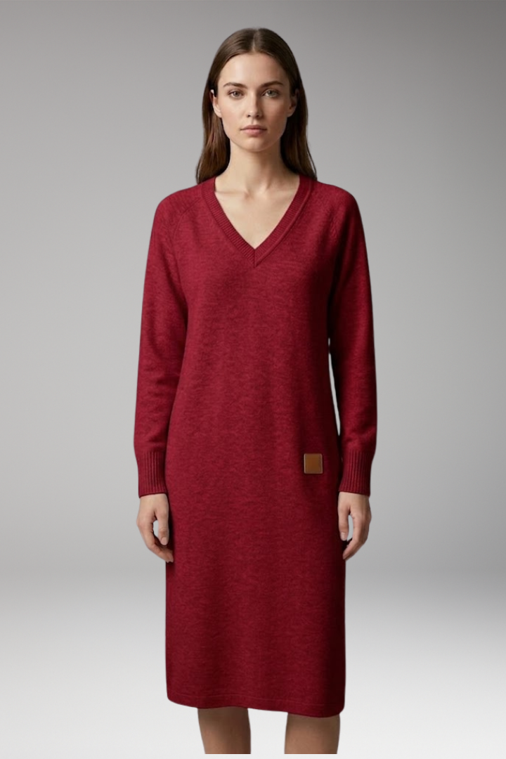 Women's Dress with V-Neck and Ribbed Cuffs