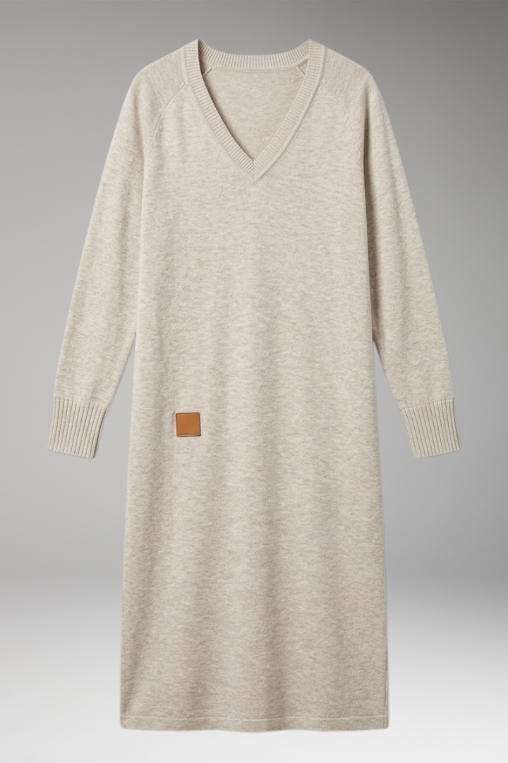 Women's Dress with V-Neck and Ribbed Cuffs
