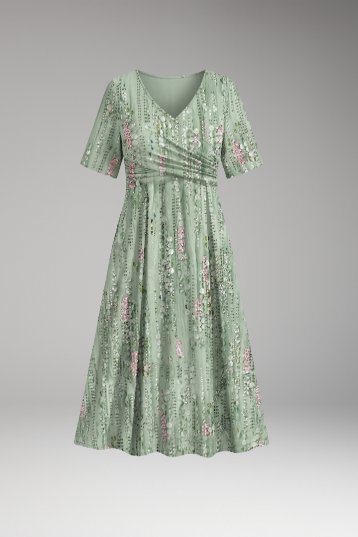 Women's Dress with V Neck and Gathered Waist