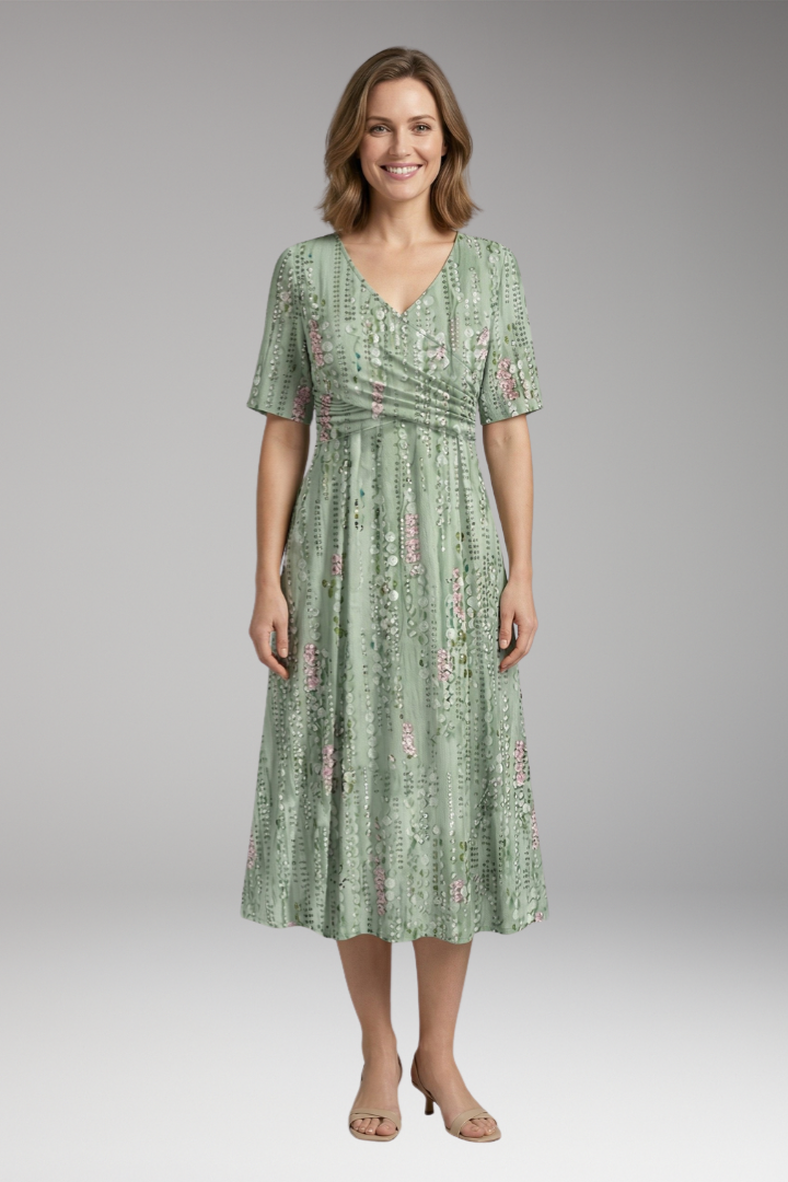 Women's Dress with V Neck and Gathered Waist