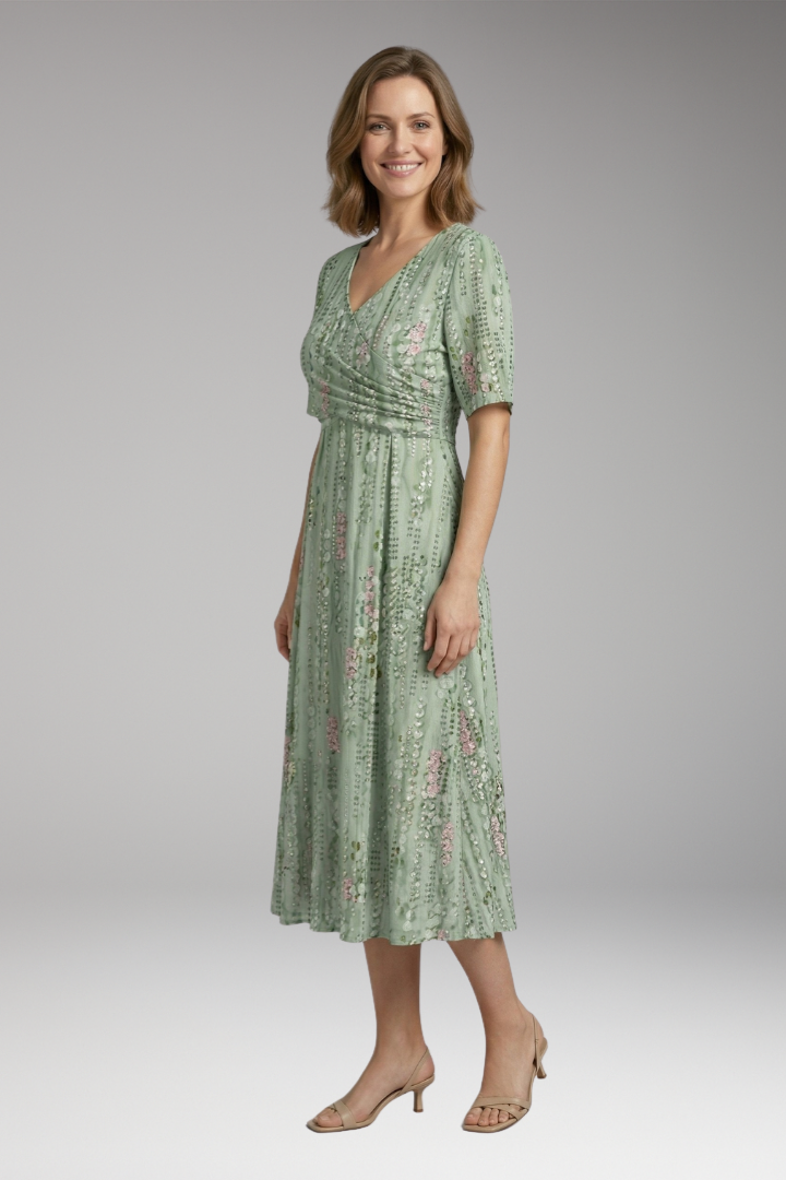 Women's Dress with V Neck and Gathered Waist