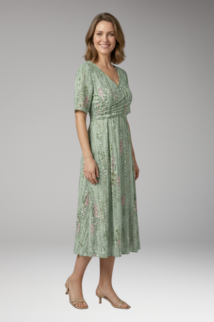 Women's Dress with V Neck and Gathered Waist