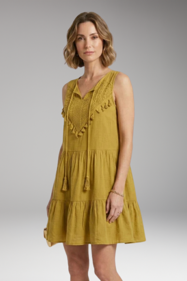 Women's Dress with V'Neck and Crochet Tiered Design