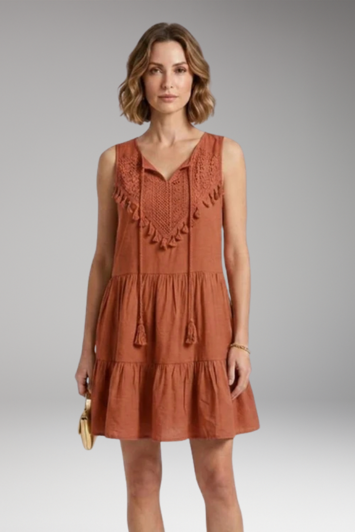Women's Dress with V'Neck and Crochet Tiered Design