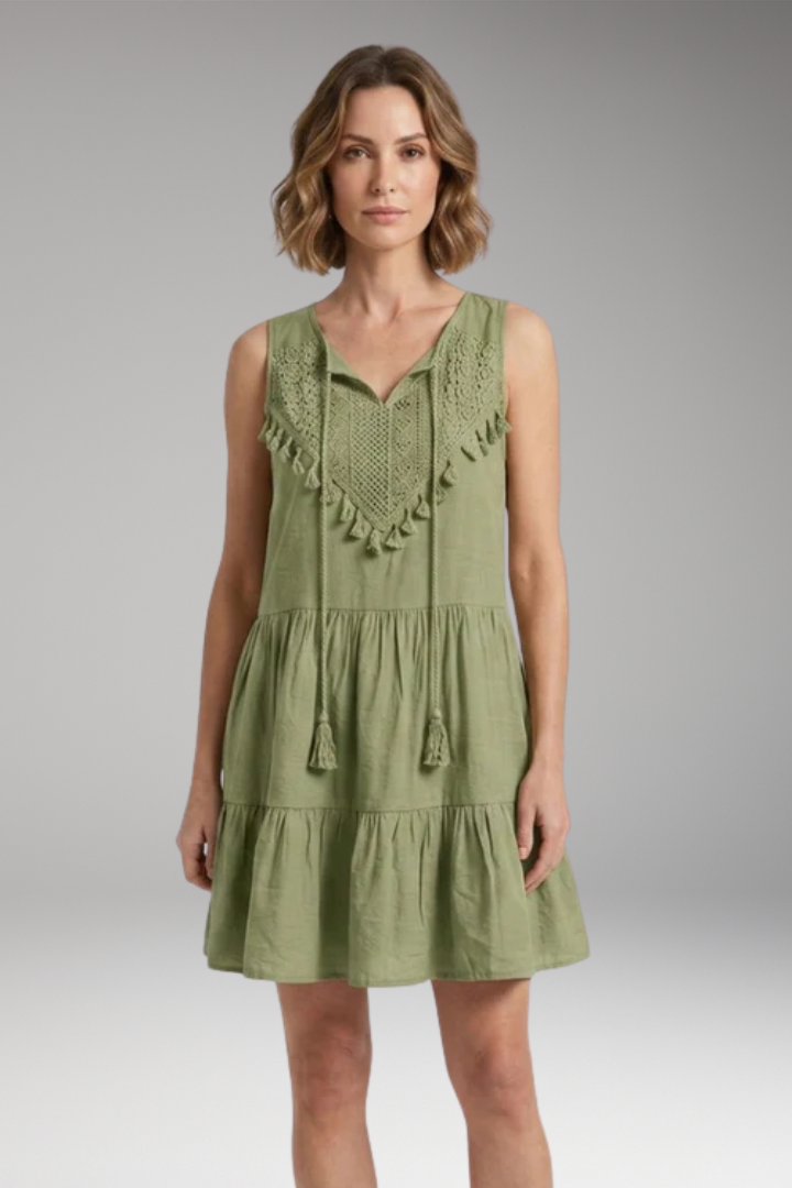 Women's Dress with V'Neck and Crochet Tiered Design