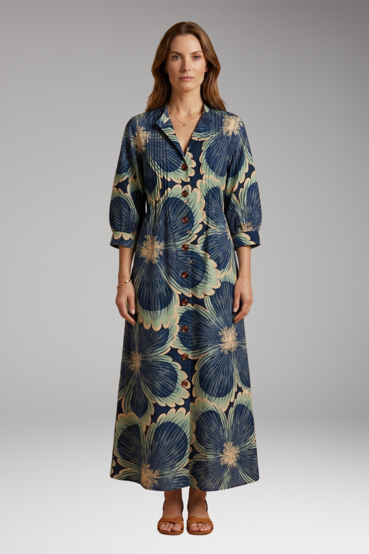 Women's Elegant Maxi Dress with Floral Design and Pockets