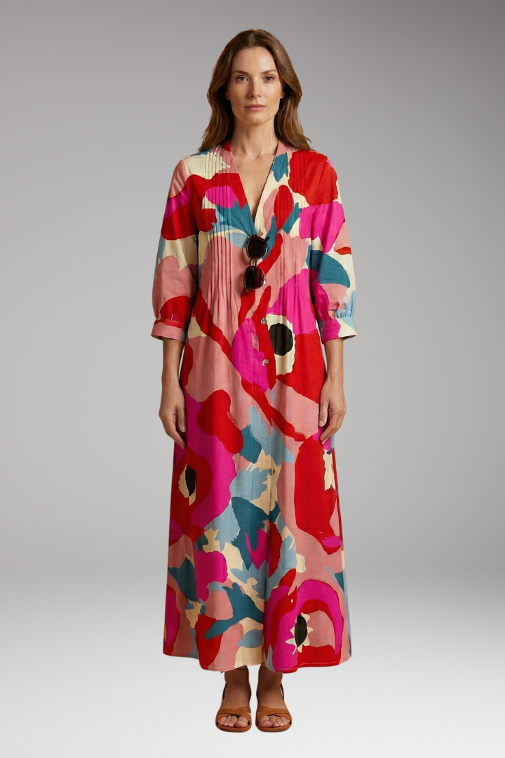 Women's Elegant Maxi Dress with Floral Design and Pockets