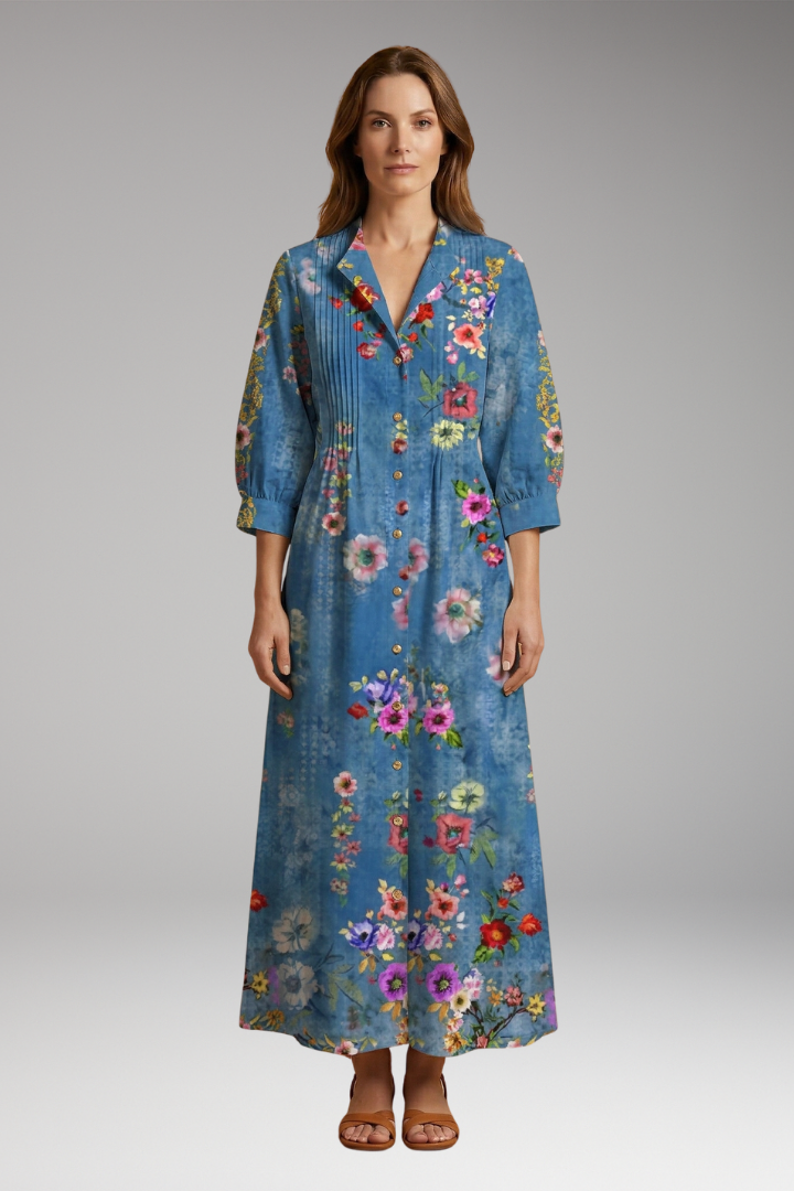 Women's Elegant Maxi Dress with Floral Design and Pockets