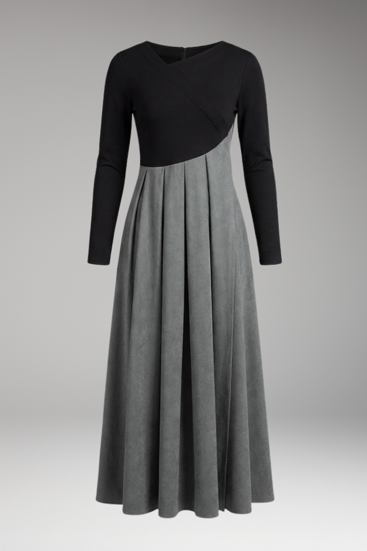Women's Elegant Midi Dress with A-Line Cut and Pleated Skirt