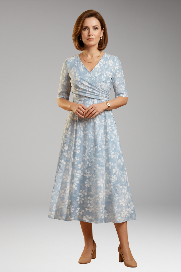 Women's Floral Midi Dress with V-Neckline and Side Pockets
