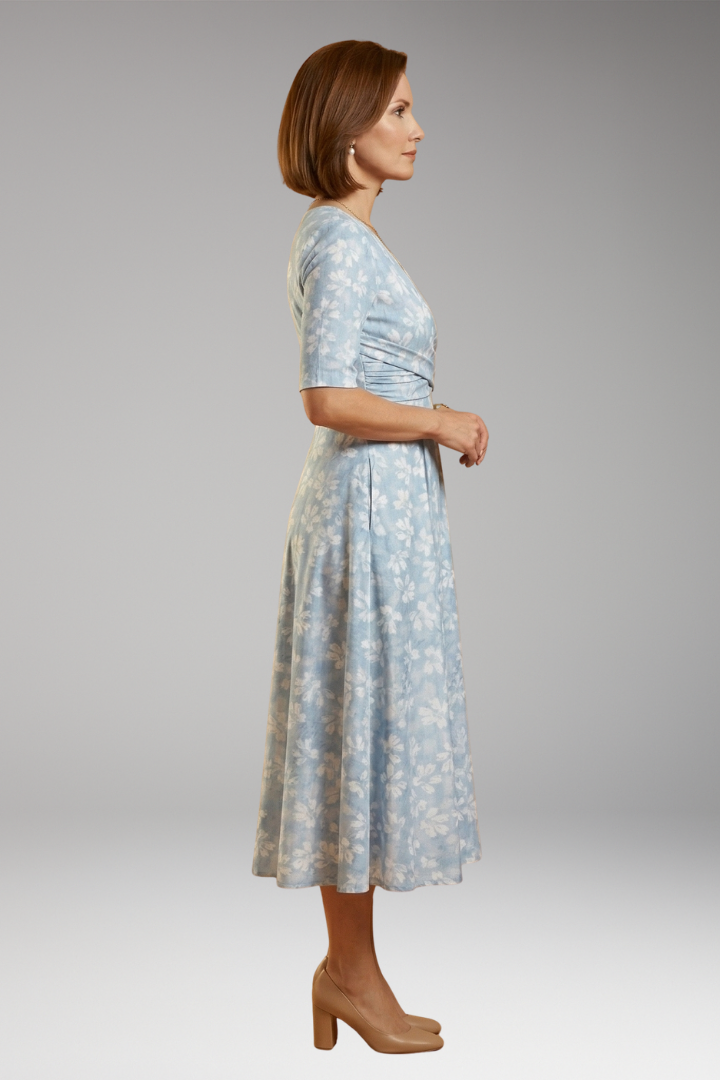 Women's Floral Midi Dress with V-Neckline and Side Pockets