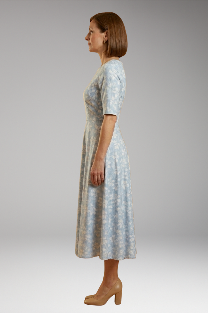 Women's Floral Midi Dress with V-Neckline and Side Pockets
