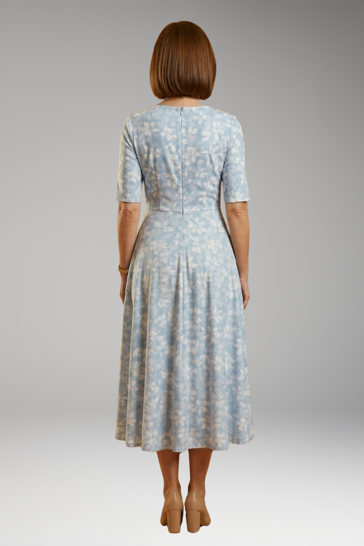Women's Floral Midi Dress with V-Neckline and Side Pockets