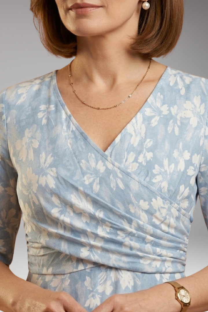 Women's Floral Midi Dress with V-Neckline and Side Pockets