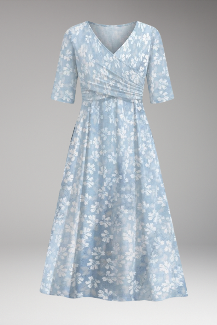 Women's Floral Midi Dress with V-Neckline and Side Pockets