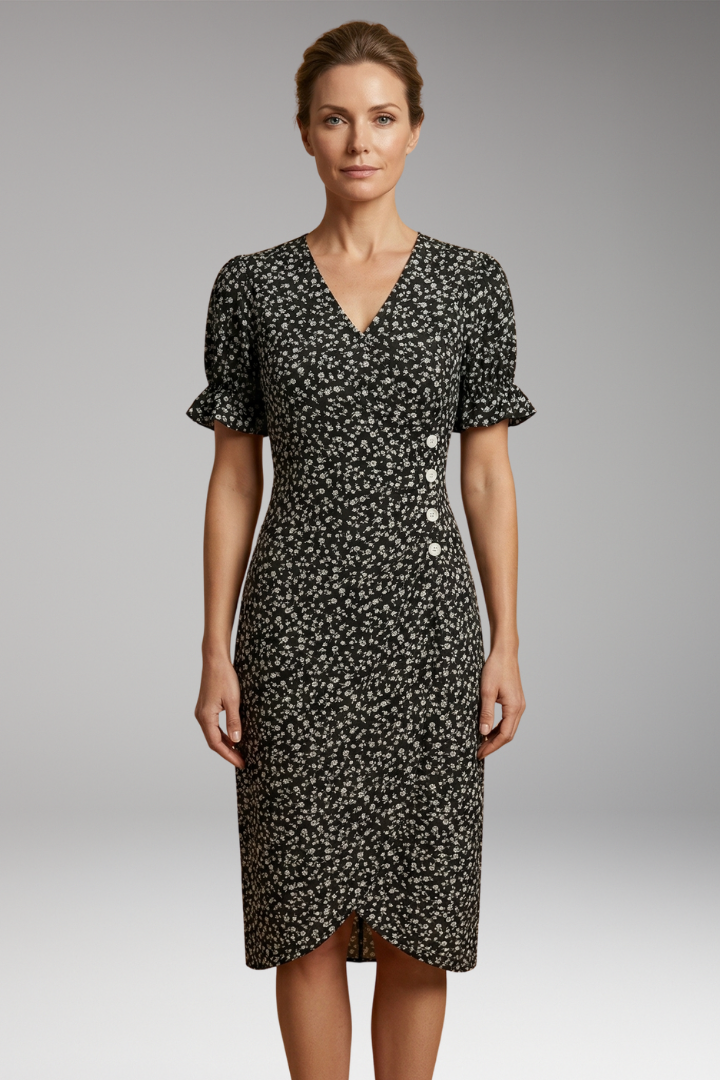 Women's Floral Midi Dress with V-Neckline and Tummy Coverage