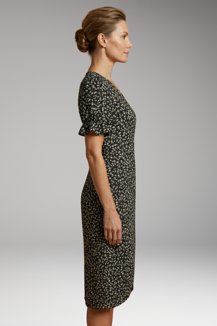 Women's Floral Midi Dress with V-Neckline and Tummy Coverage