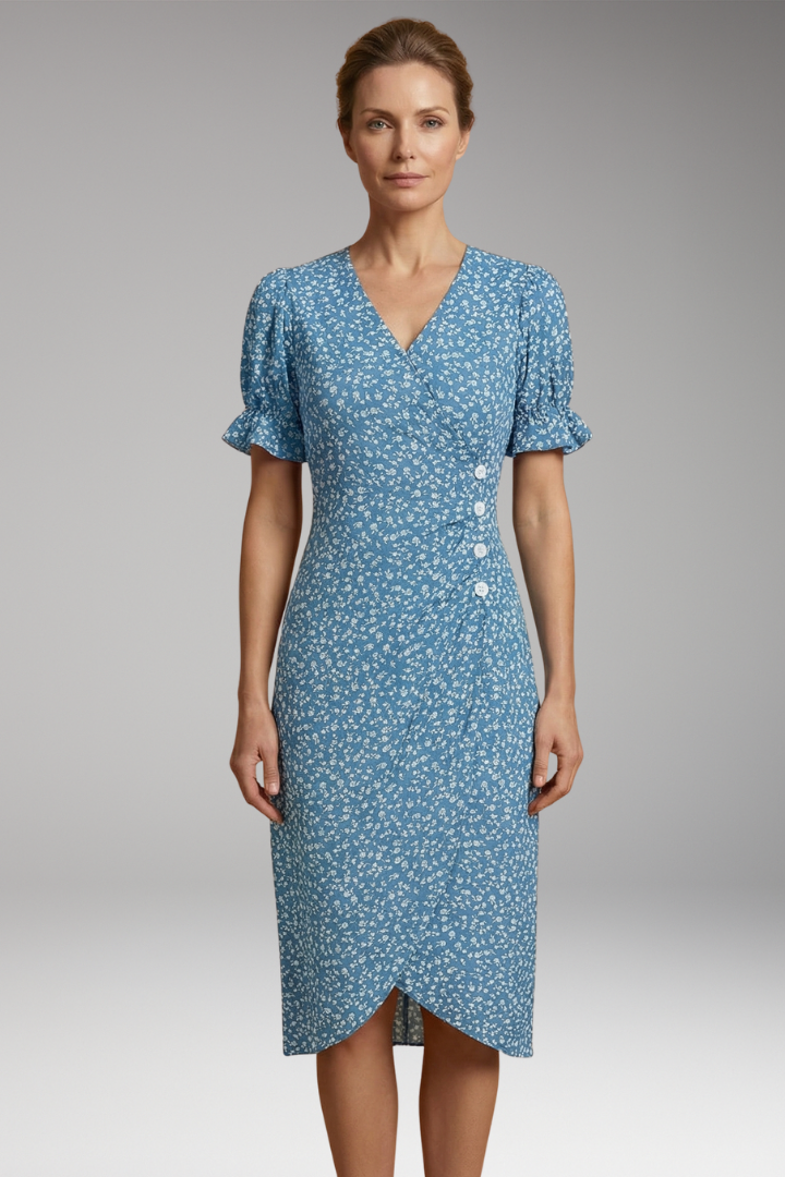 Women's Floral Midi Dress with V-Neckline and Tummy Coverage