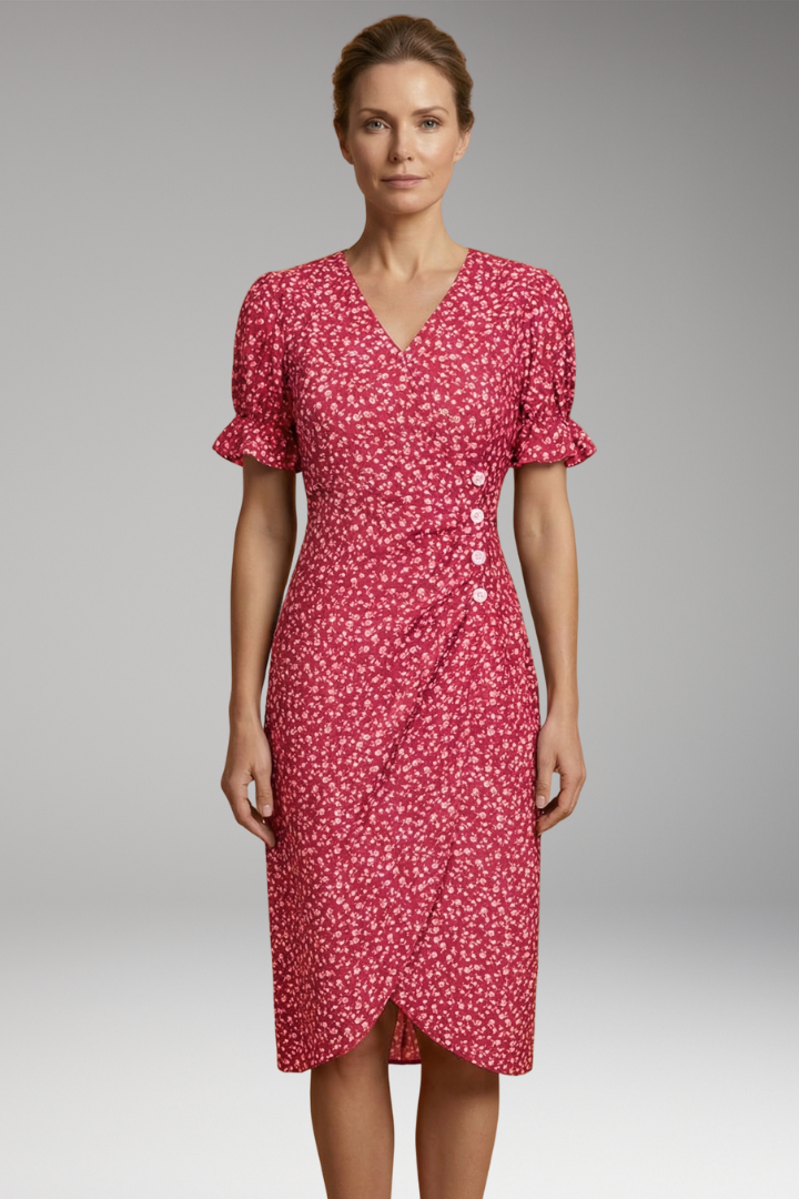 Women's Floral Midi Dress with V-Neckline and Tummy Coverage