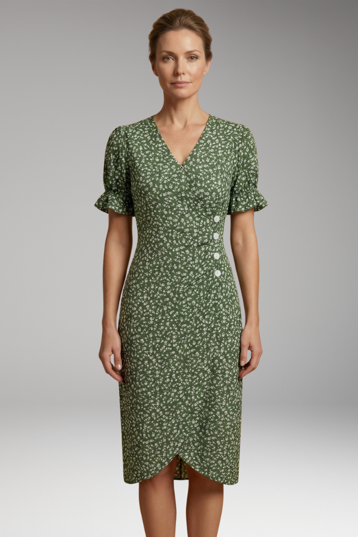 Women's Floral Midi Dress with V-Neckline and Tummy Coverage