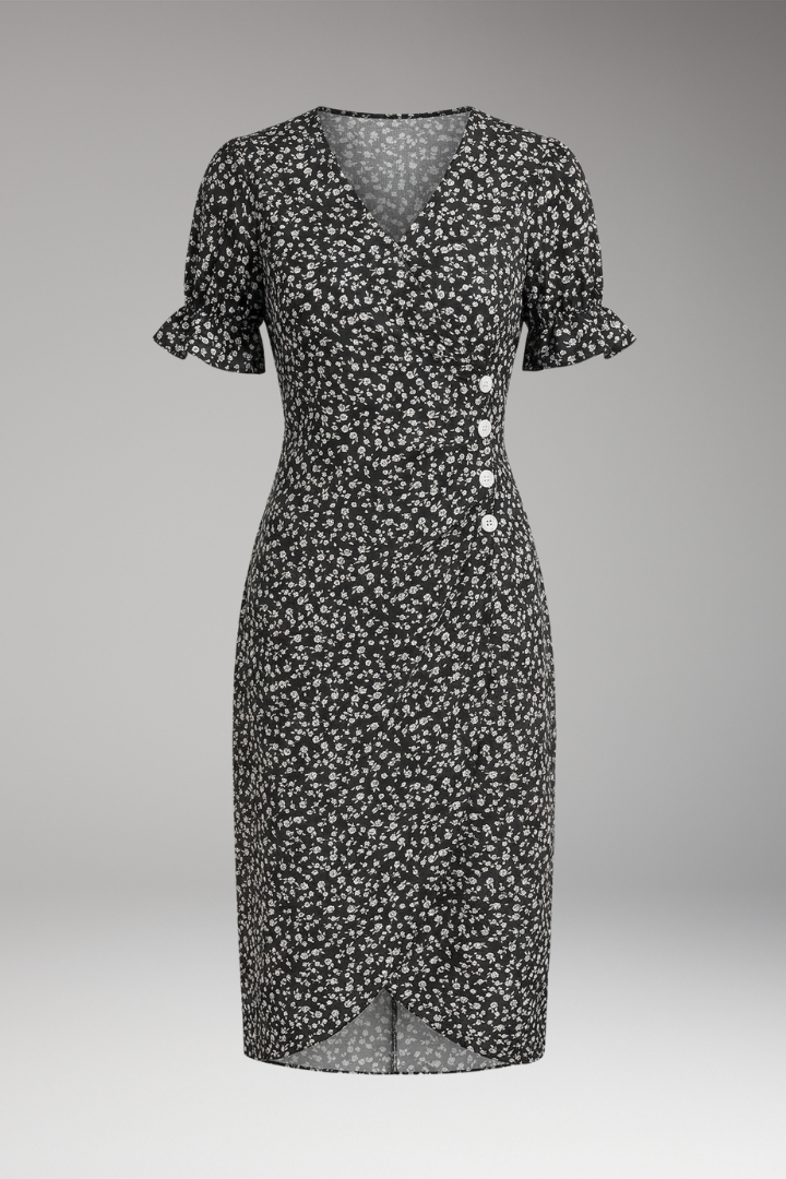 Women's Floral Midi Dress with V-Neckline and Tummy Coverage