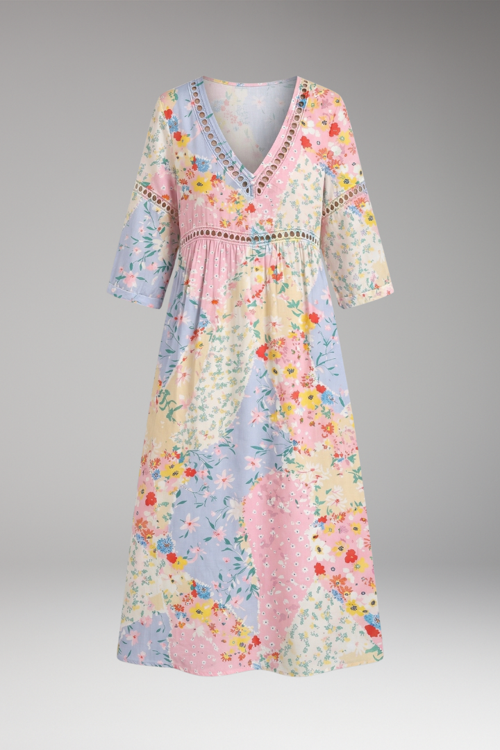 Women's Floral Patchwork Maxi Dress with V-Neckline and Elbow-Length Sleeves