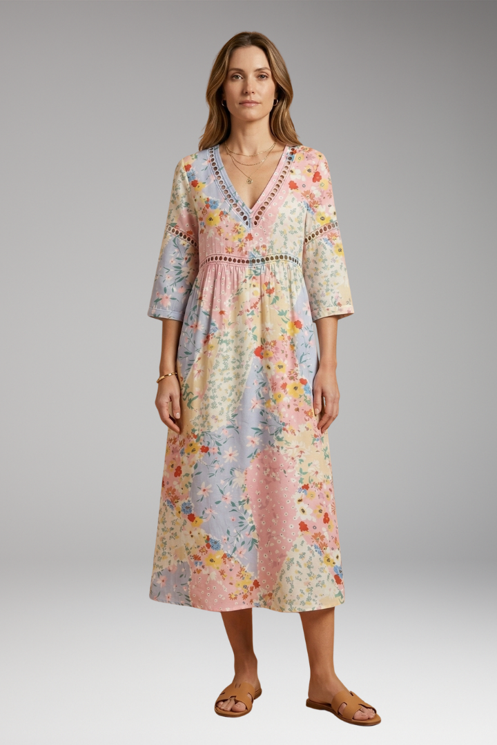 Women's Floral Patchwork Maxi Dress with V-Neckline and Elbow-Length Sleeves