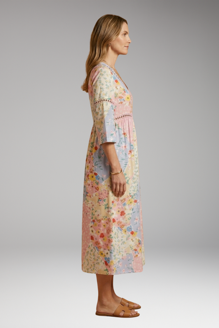 Women's Floral Patchwork Maxi Dress with V-Neckline and Elbow-Length Sleeves