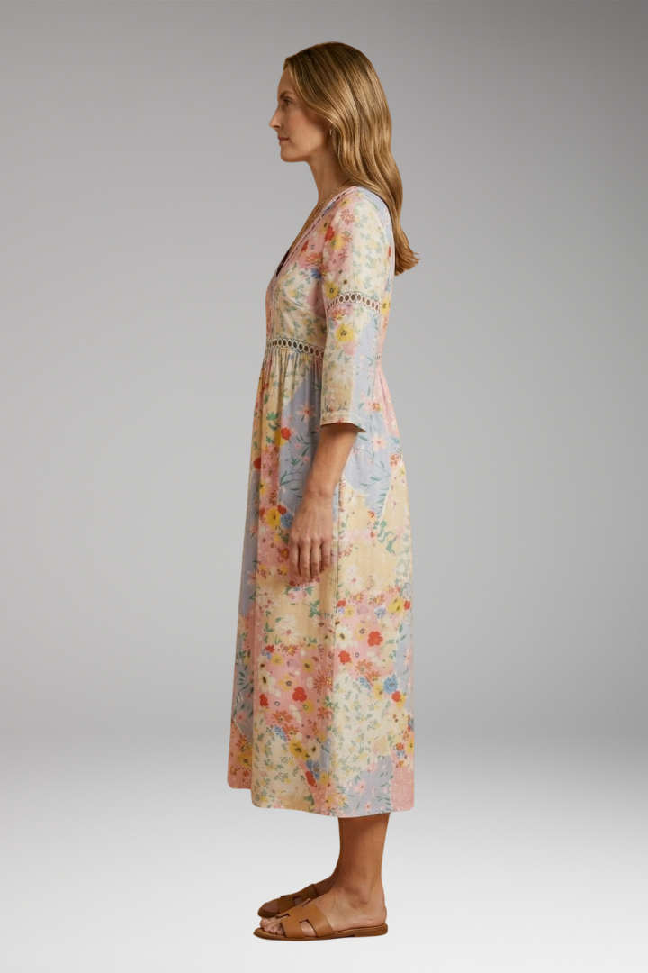 Women's Floral Patchwork Maxi Dress with V-Neckline and Elbow-Length Sleeves