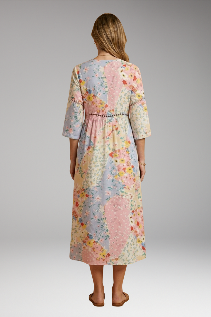 Women's Floral Patchwork Maxi Dress with V-Neckline and Elbow-Length Sleeves