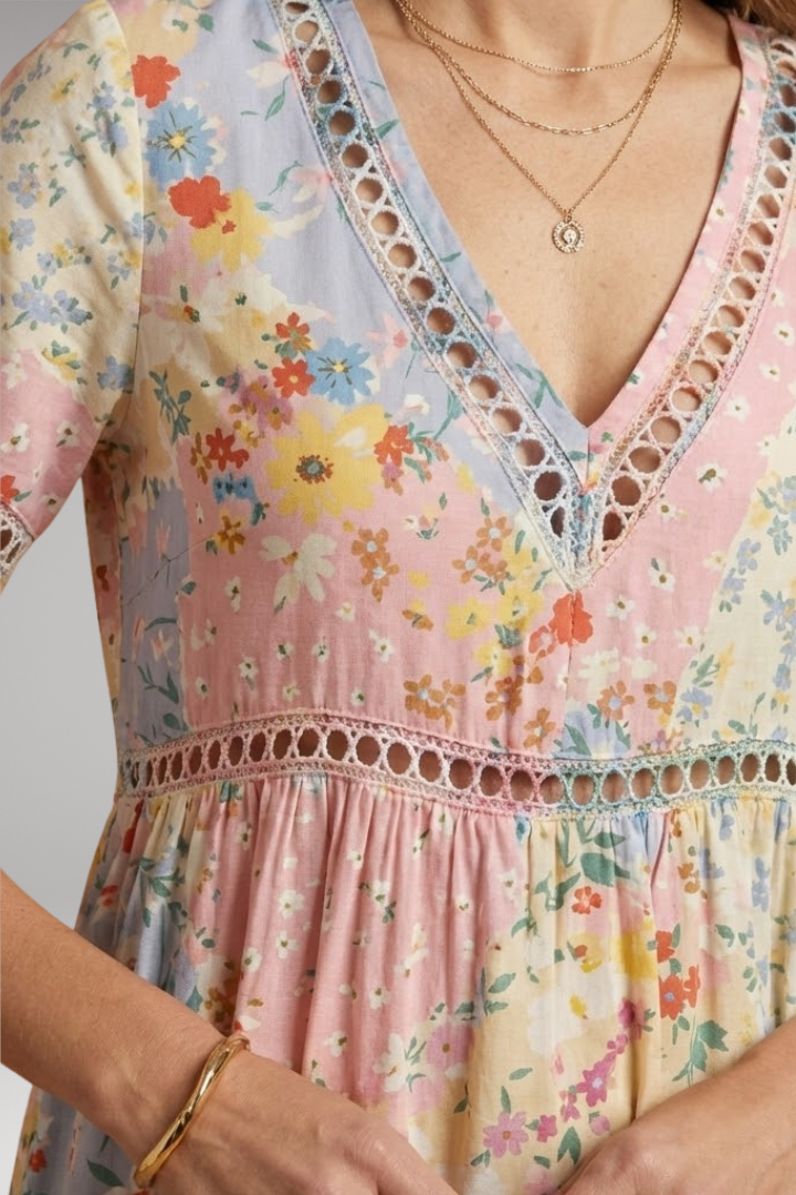 Women's Floral Patchwork Maxi Dress with V-Neckline and Elbow-Length Sleeves