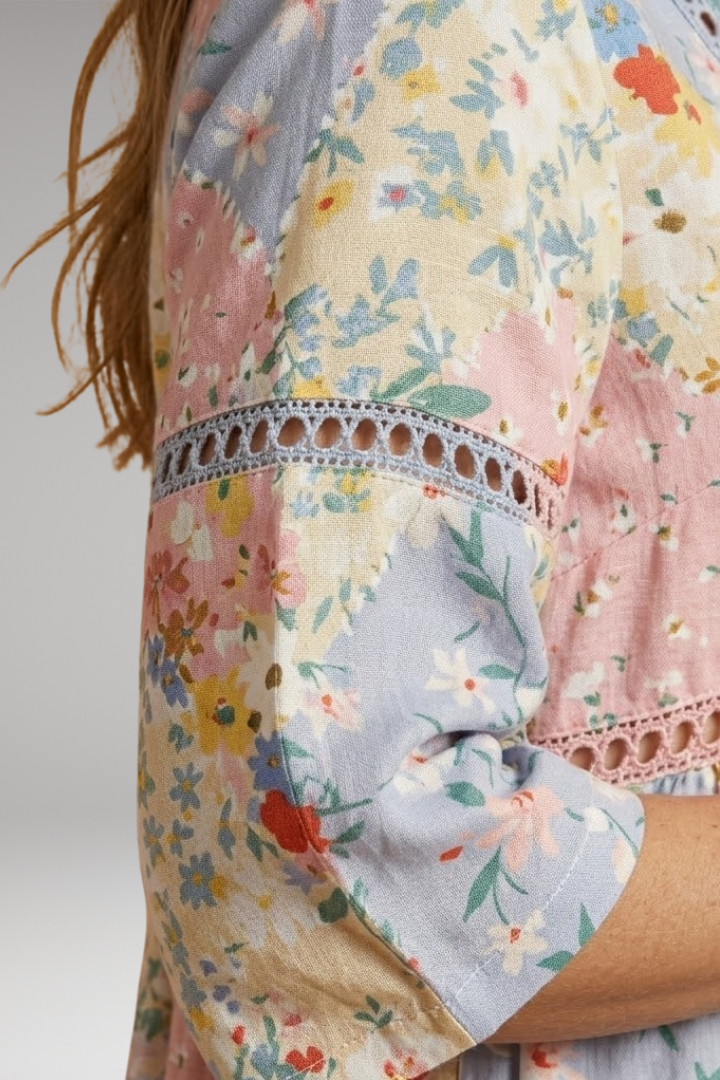 Women's Floral Patchwork Maxi Dress with V-Neckline and Elbow-Length Sleeves