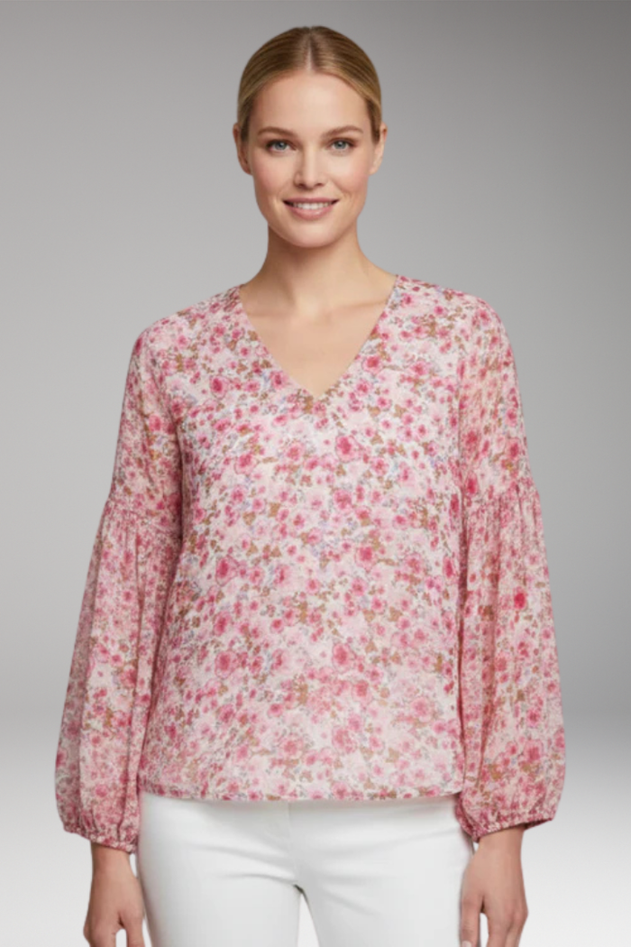 Women's Floral Pattern Blouse with V Neck and Long Sleeves