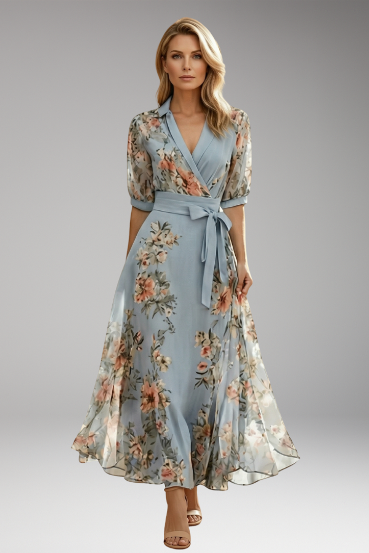 Women's Floral V-Neck Midi Dress with Comfortable Stretch Fabric