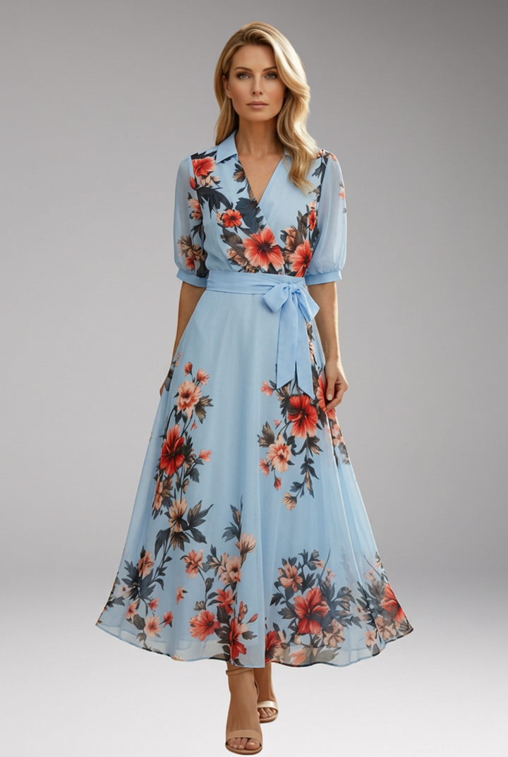 Women's Floral V-Neck Midi Dress with Comfortable Stretch Fabric