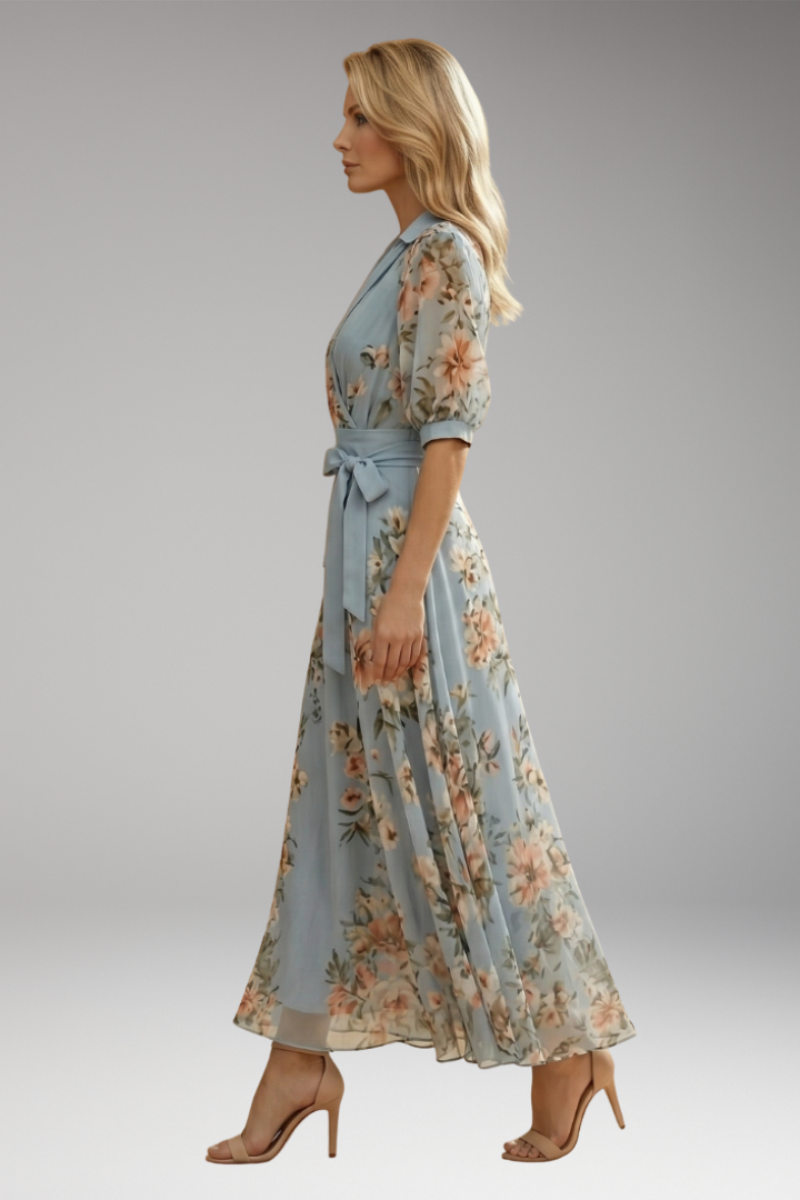 Women's Floral V-Neck Midi Dress with Comfortable Stretch Fabric