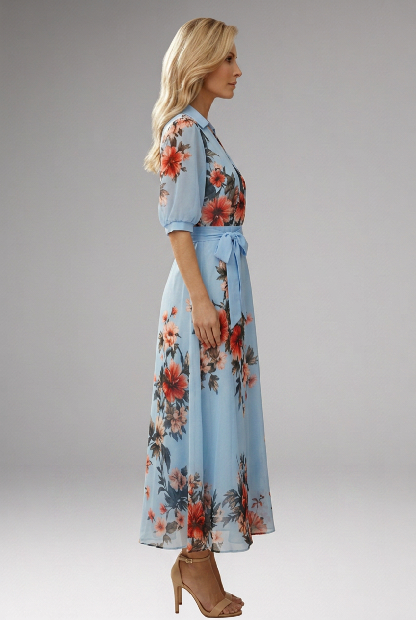 Women's Floral V-Neck Midi Dress with Comfortable Stretch Fabric
