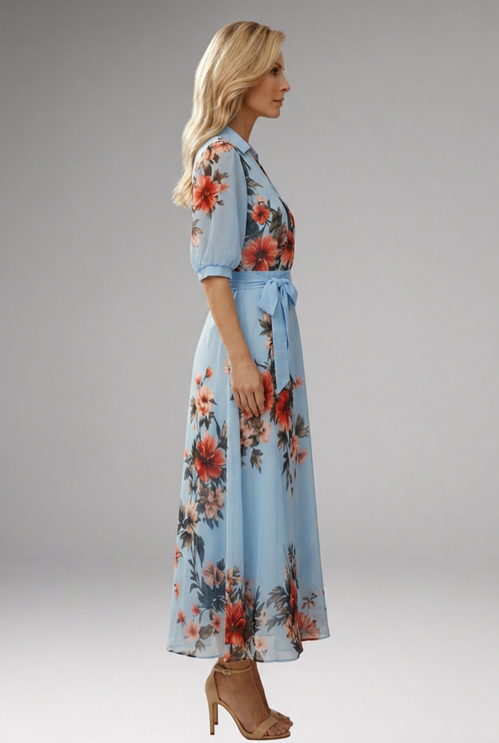 Women's Floral V-Neck Midi Dress with Comfortable Stretch Fabric